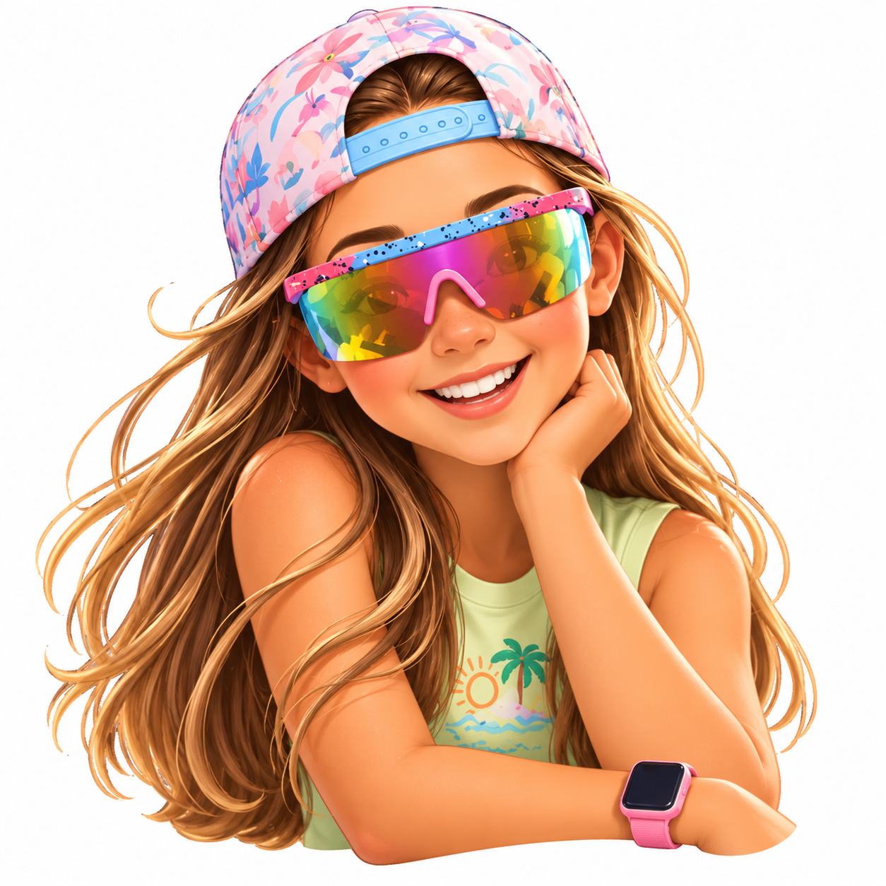 Portrait of Giulia wearing a cap and colorful sunglasses
