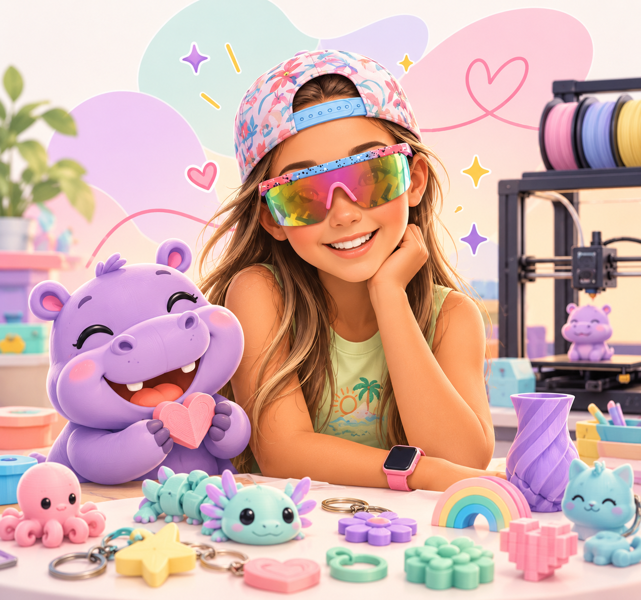 Giulia smiling at her desk surrounded by her colorful 3D-printed creations and a 3D printer